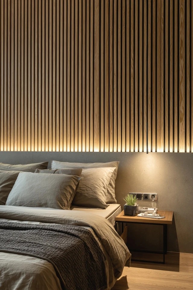 Vertical oak battens with gaps and LED lighting