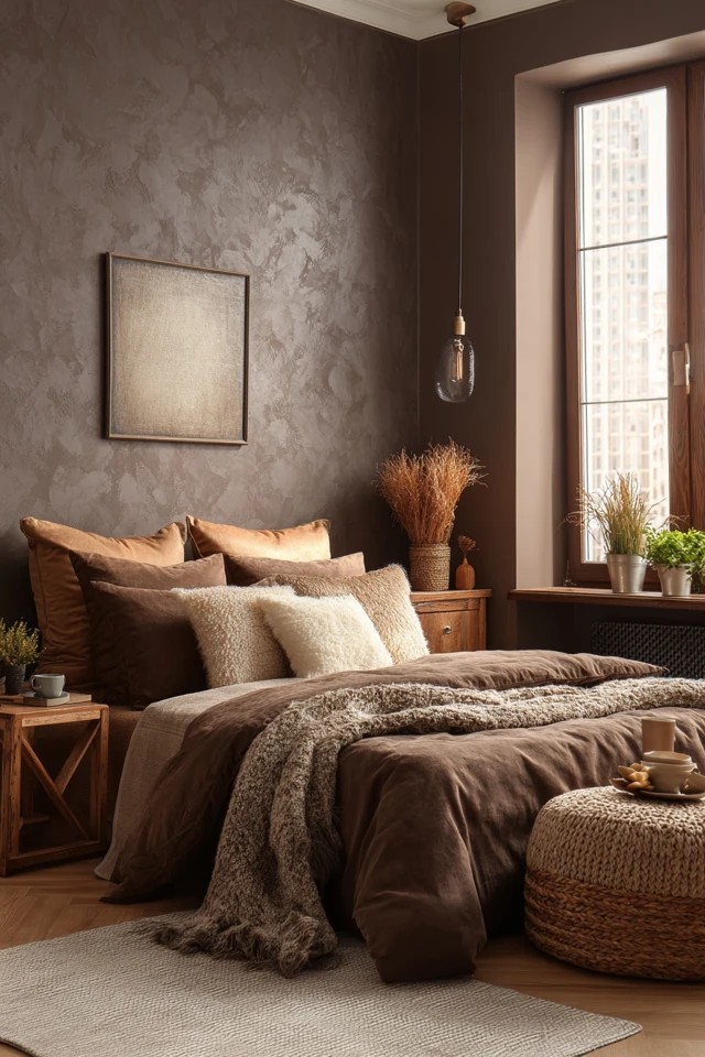Grey-brown walls with white bedding and light wood