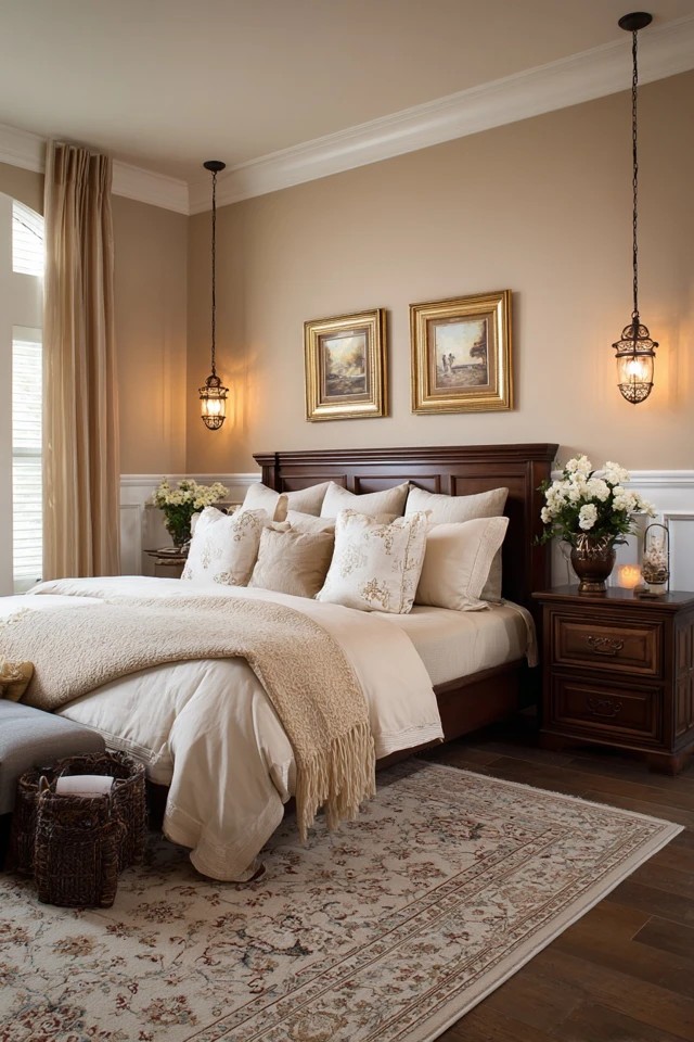 Warm beige backdrop with cool navy textiles