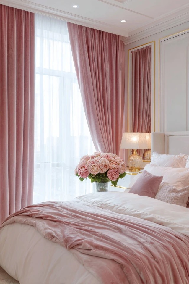 Floor-to-ceiling rose or mauve velvet drapes
