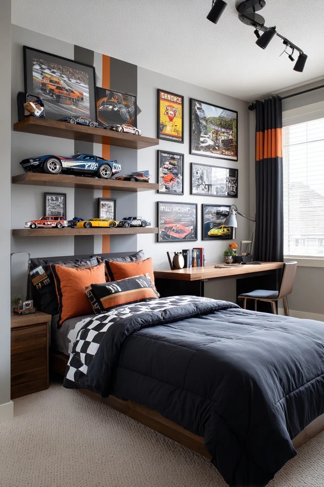 Vintage racing posters with model car shelves