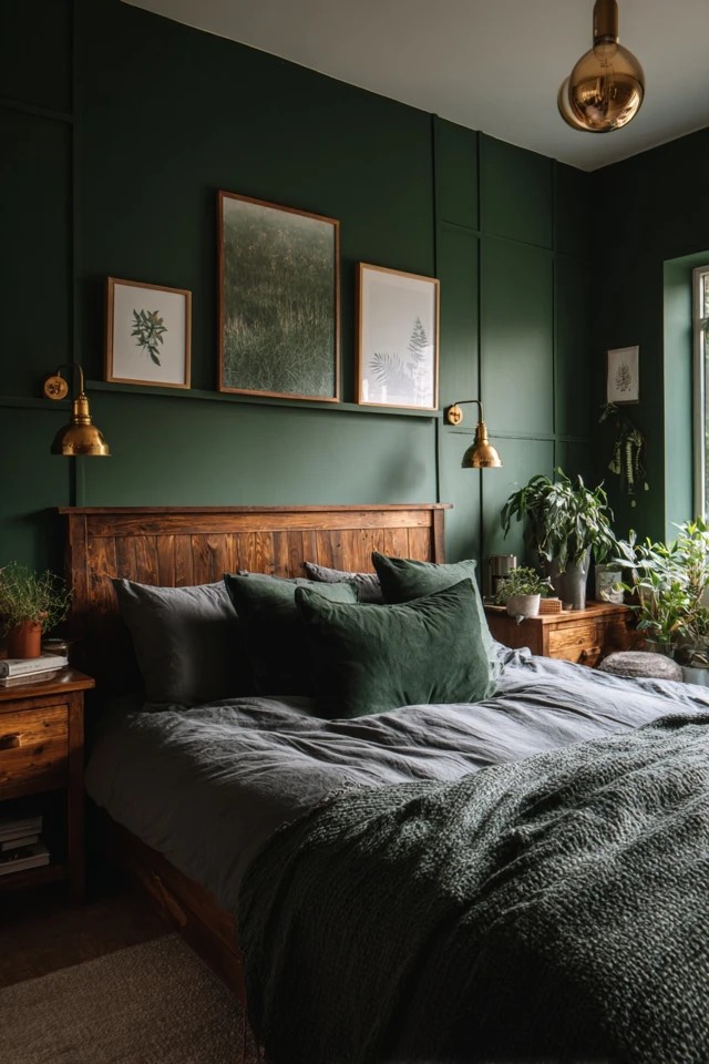 Complex teal with brass accents and dark grey bedding