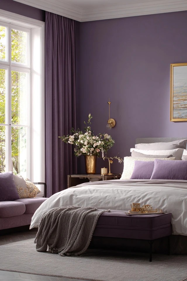 Deep saturated purple with white bedding and gold