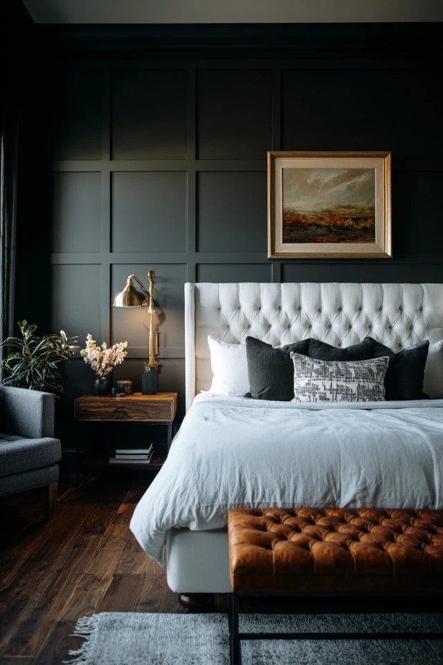 Deep grey with white tufted headboard creating contrast