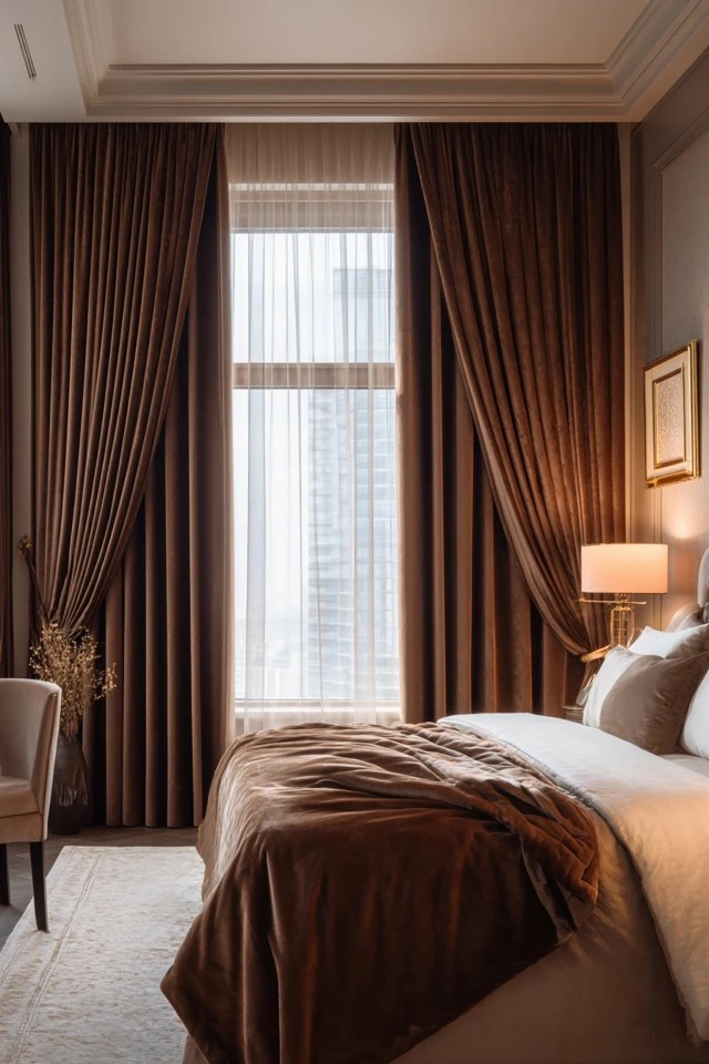 Vertical chocolate and white stripes behind bed