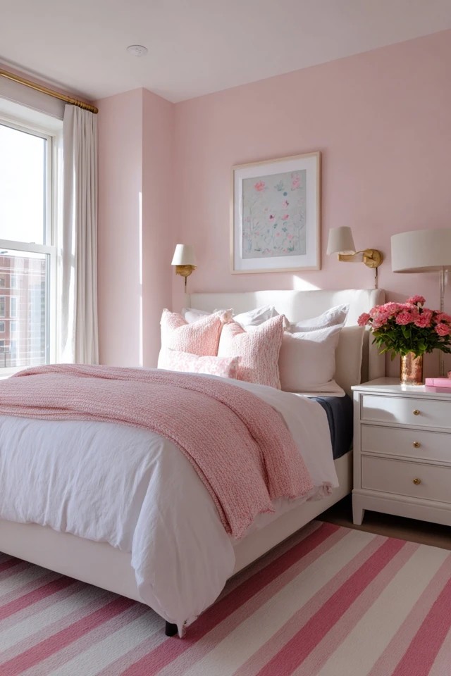 Soft pink walls with navy bedding and brass