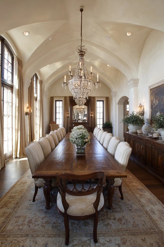 Long wooden table seating twelve with upholstered chairs