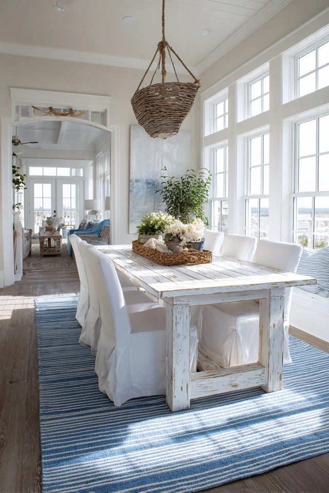 Distressed white wood table with natural grain visible