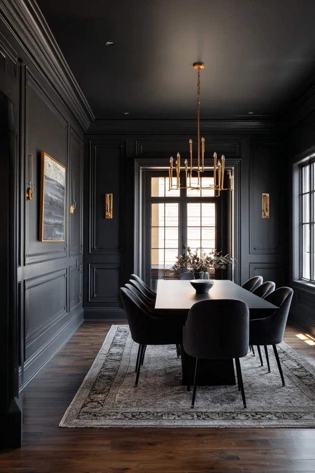 Deep grey walls with black modern table and brass chandelier
