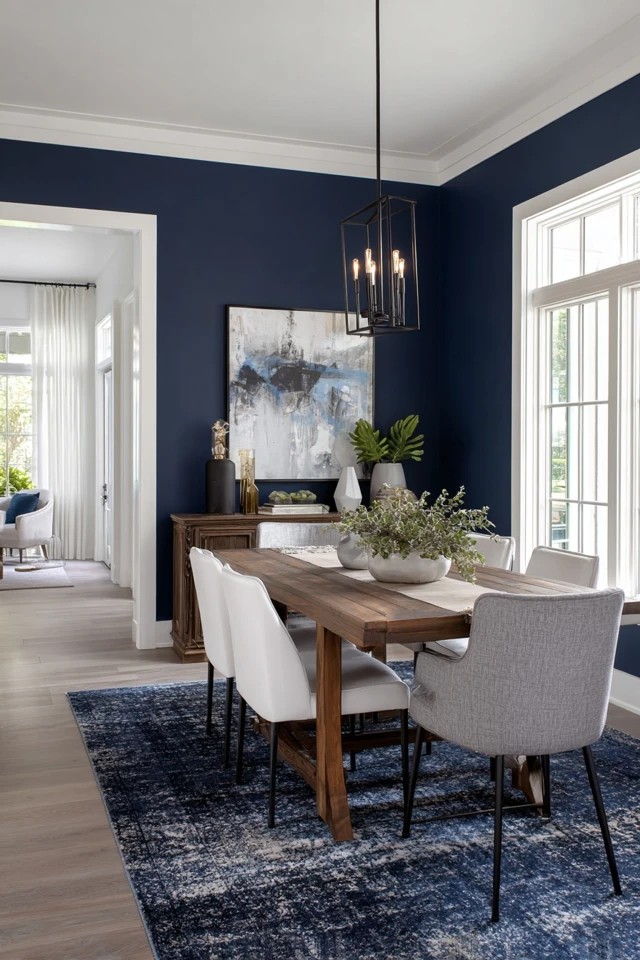 Deep navy on single wall with white remaining walls