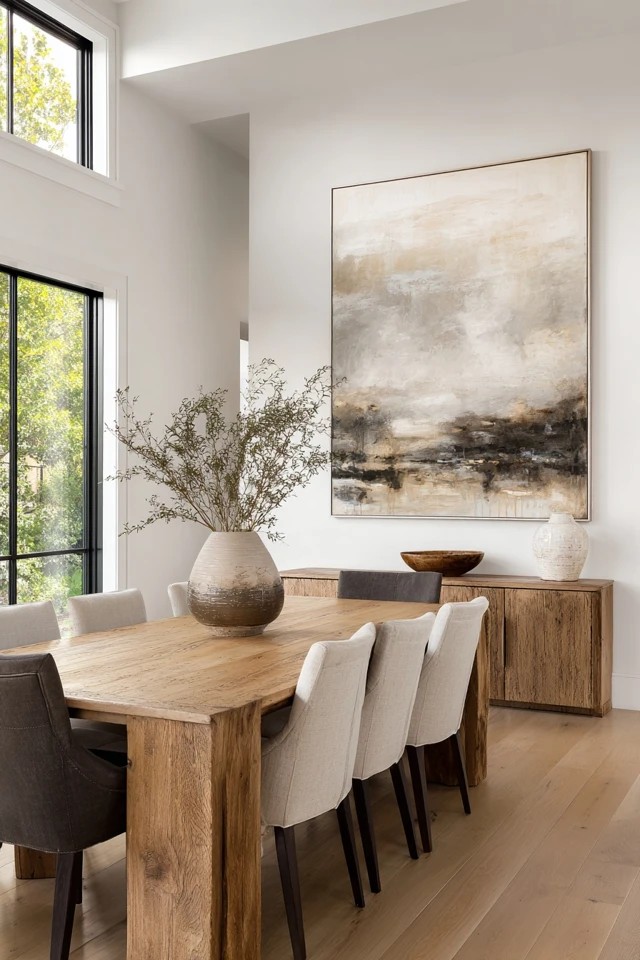 Oversized canvas in beiges, greys, and whites above sideboard