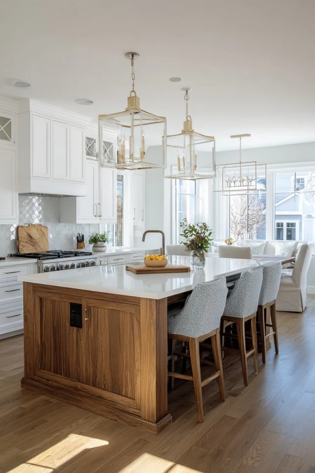 Large island with seating separating kitchen from dining table