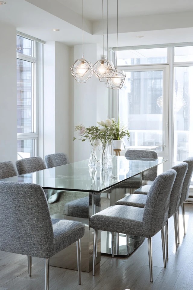 Transparent glass table with chrome pedestal and grey chairs