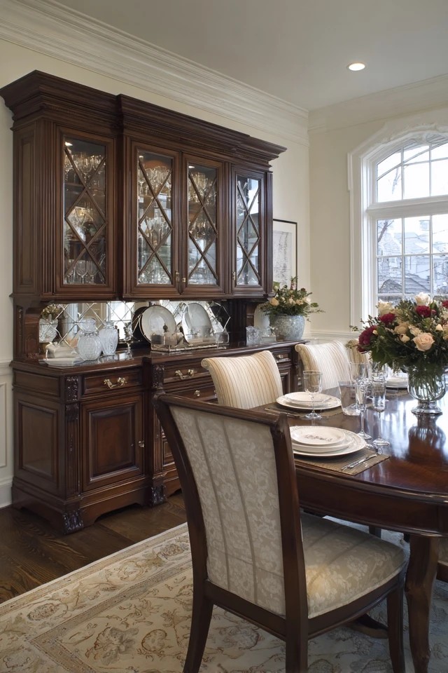 Dark wood sideboard with glass doors displaying china