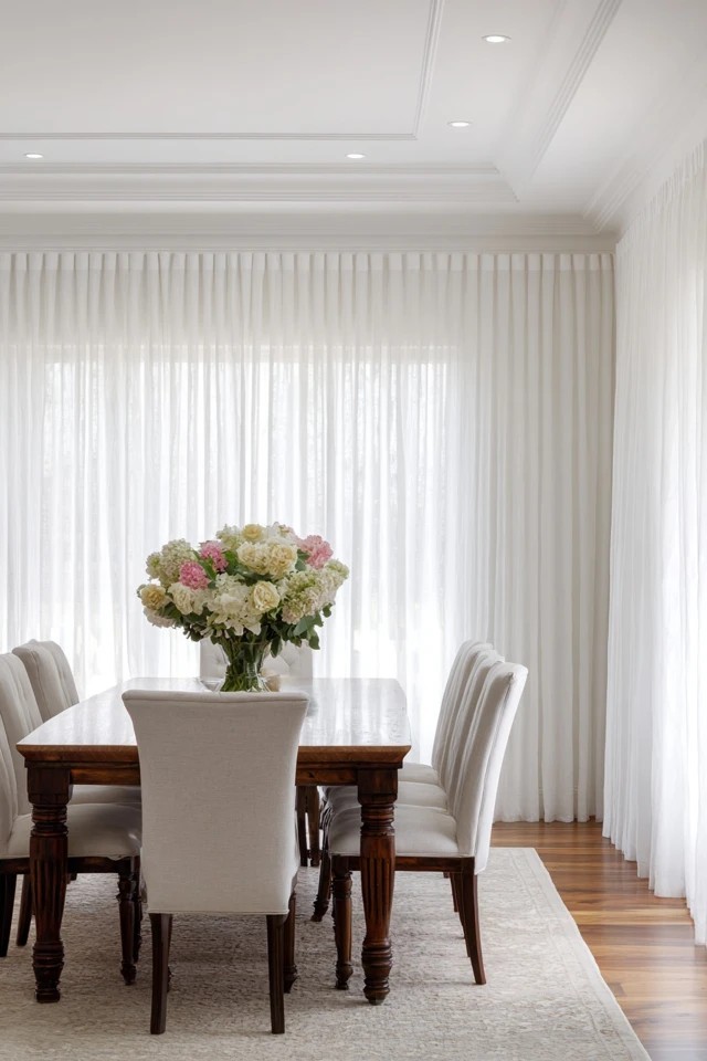Natural linen panels in ivory hanging from ceiling