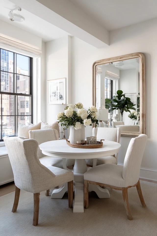 Circular table in white or light wood seating four