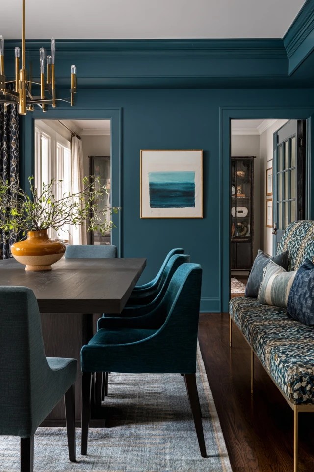 Complex teal with dark wood table