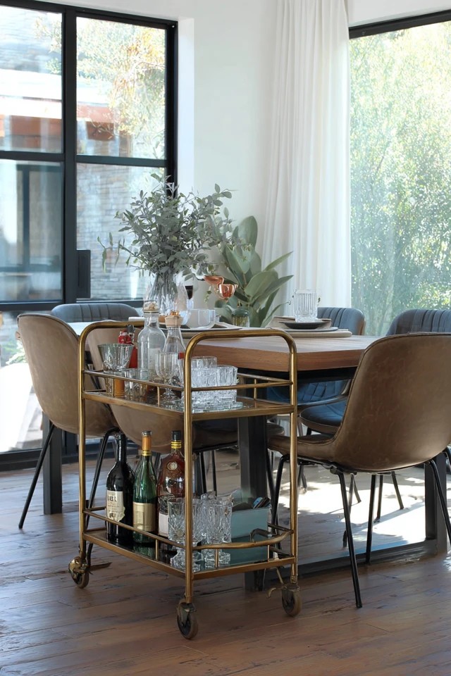 Rich velvet upholstered chairs in jewel tones paired with natural wood table