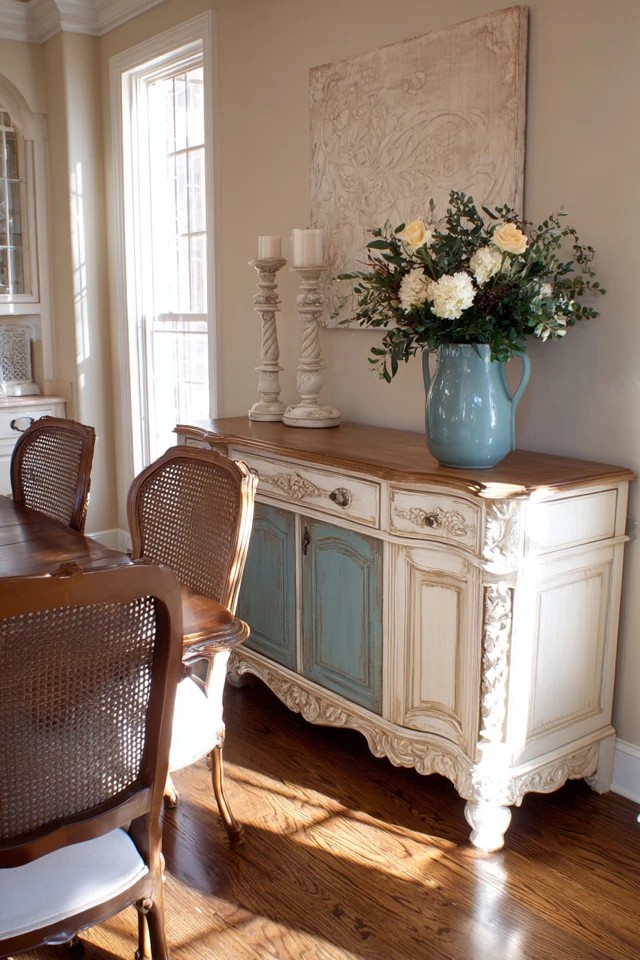 Painted wood sideboard with chippy finish