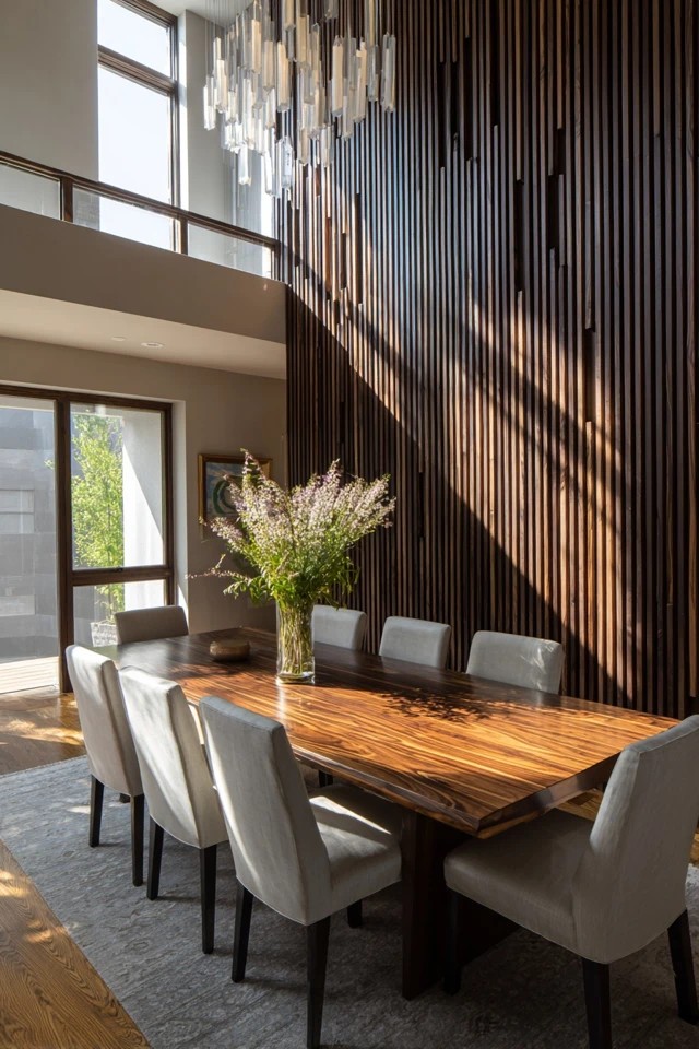 Evenly spaced vertical wood battens