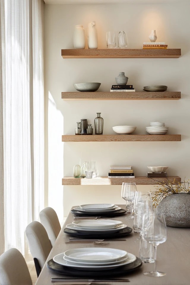 Floating shelves displaying modern dishware