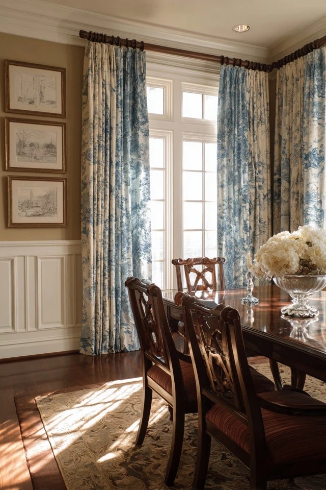 Pleated panels in classic toile pattern