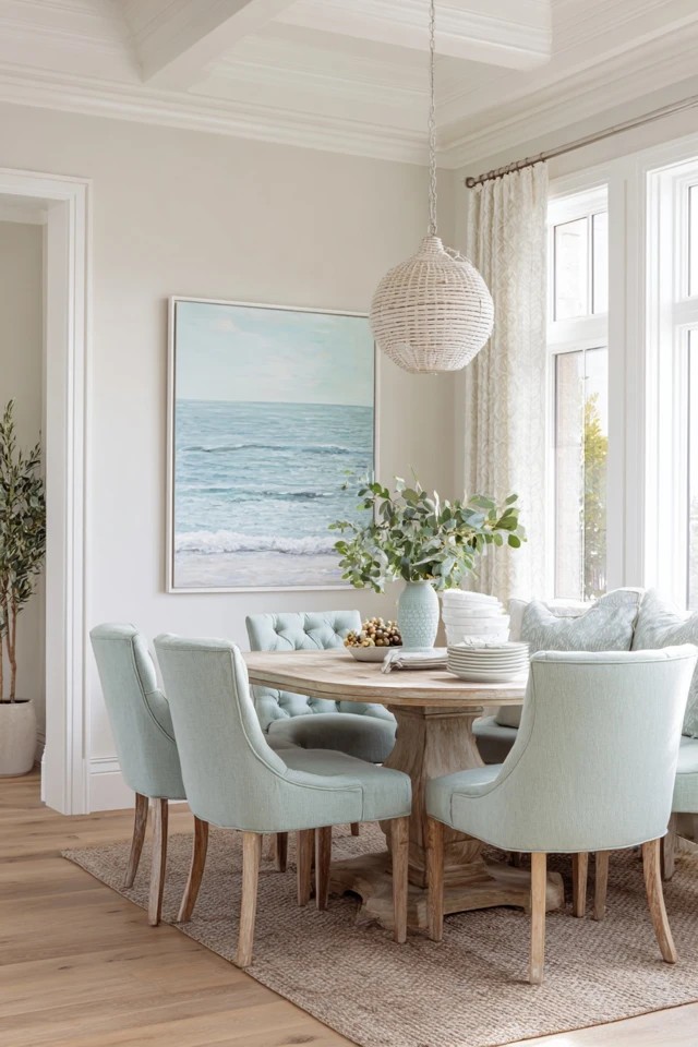 Soft beige walls with seafoam green chairs
