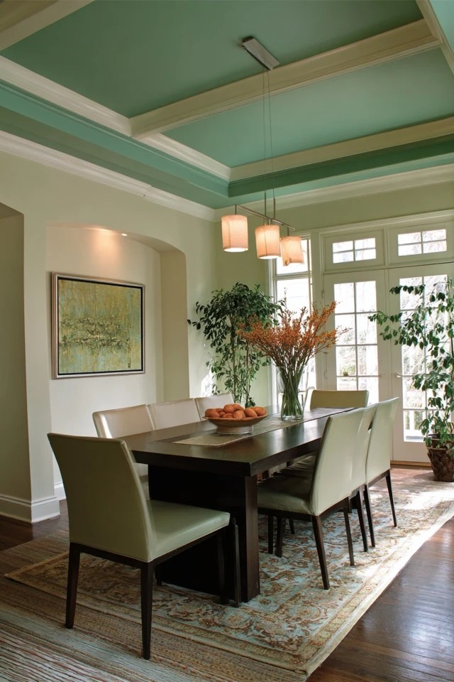 Soft grey-green ceiling with white or cream walls