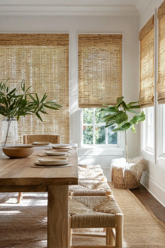 Woven bamboo shades in natural honey tone