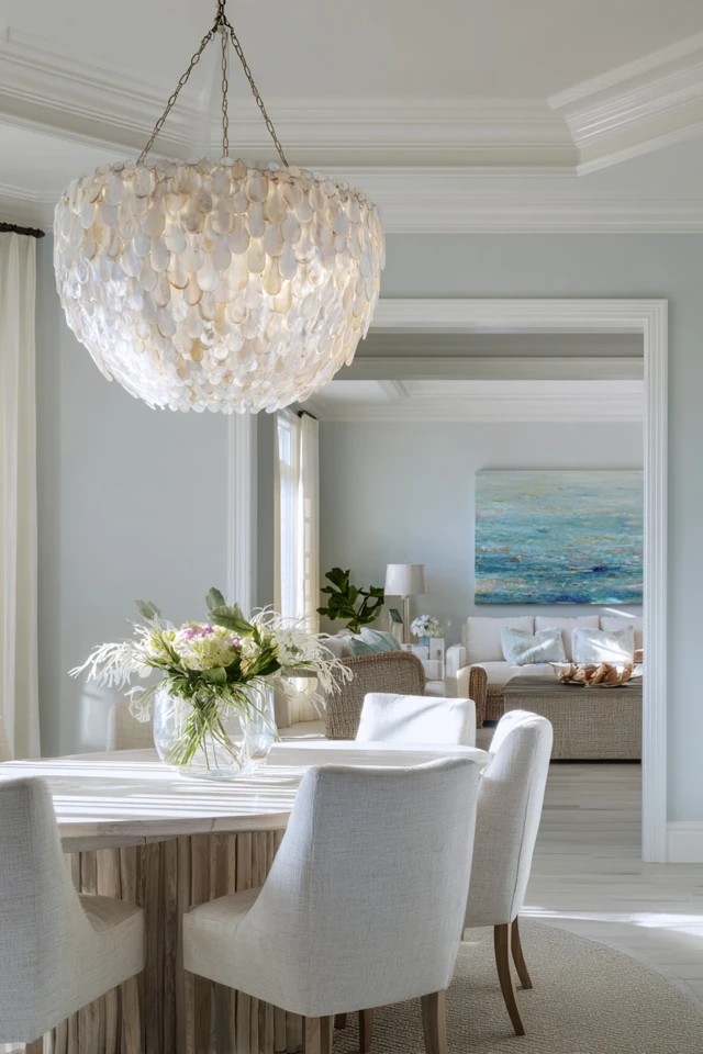 Chandelier with translucent capiz shell tiles