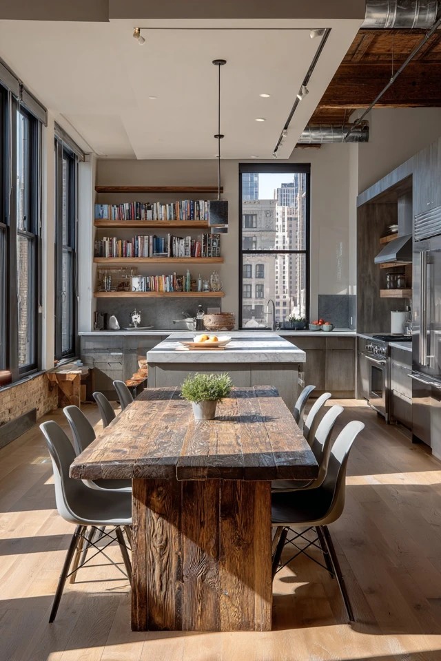 Light oak cabinetry echoed by dining table in same wood