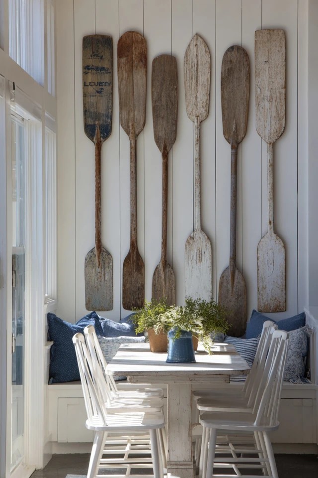 Weathered wooden oars arranged on wall