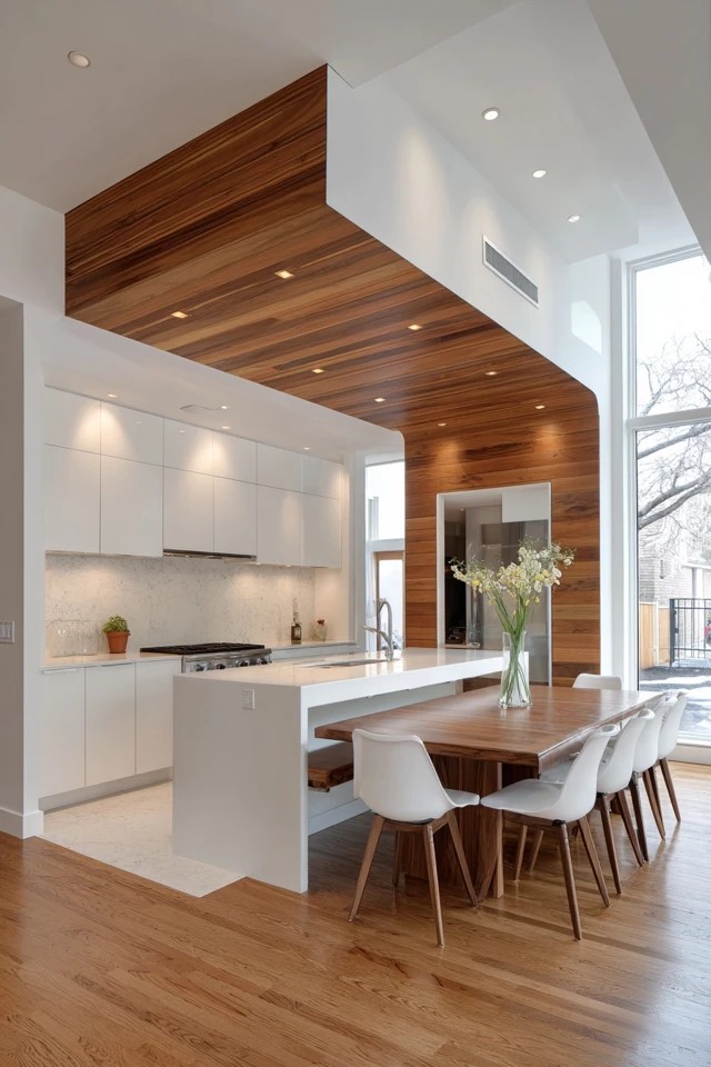 Perpendicular kitchen with dining table in the ell