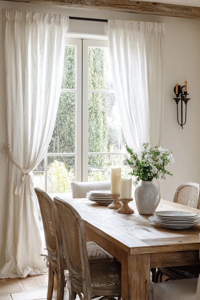 Panels with fabric ties knotted on rod