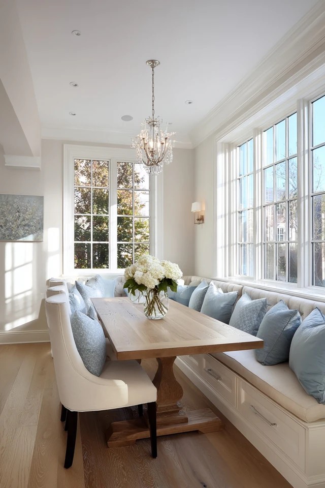 Cushioned built-in bench in bay window with storage