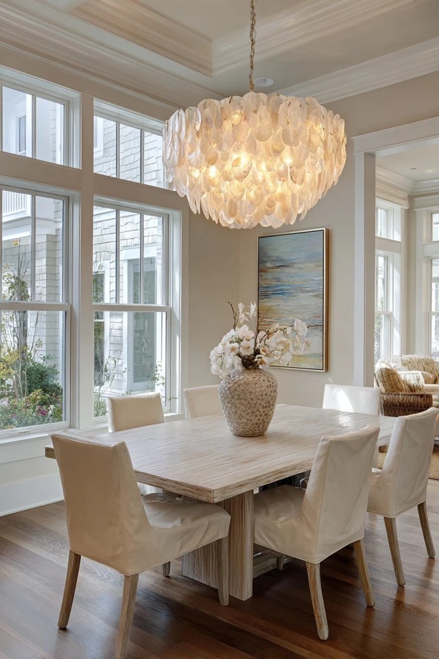 Chandelier with translucent shell tiles