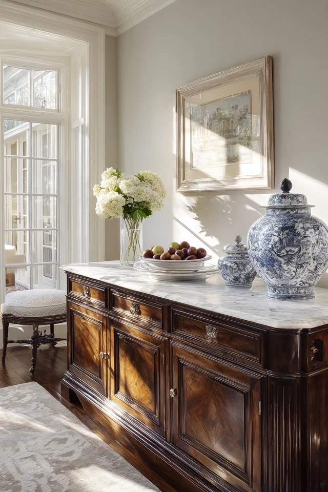 Antique dresser serving as sideboard