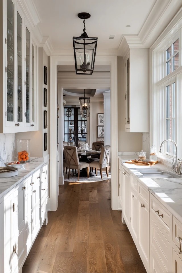Narrow pantry room between formal dining and kitchen