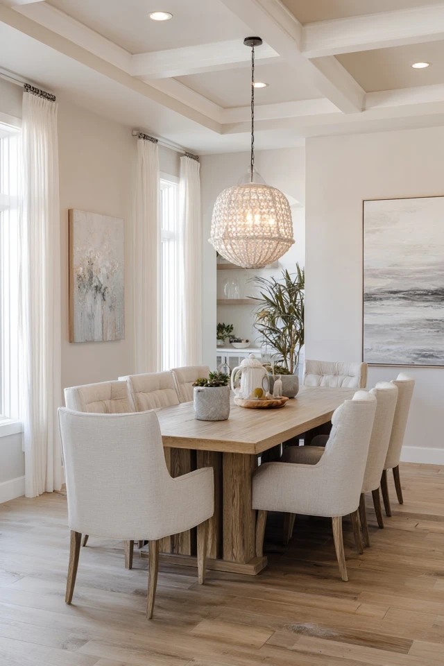 Soft neutrals with beige chairs, white table, grey accents