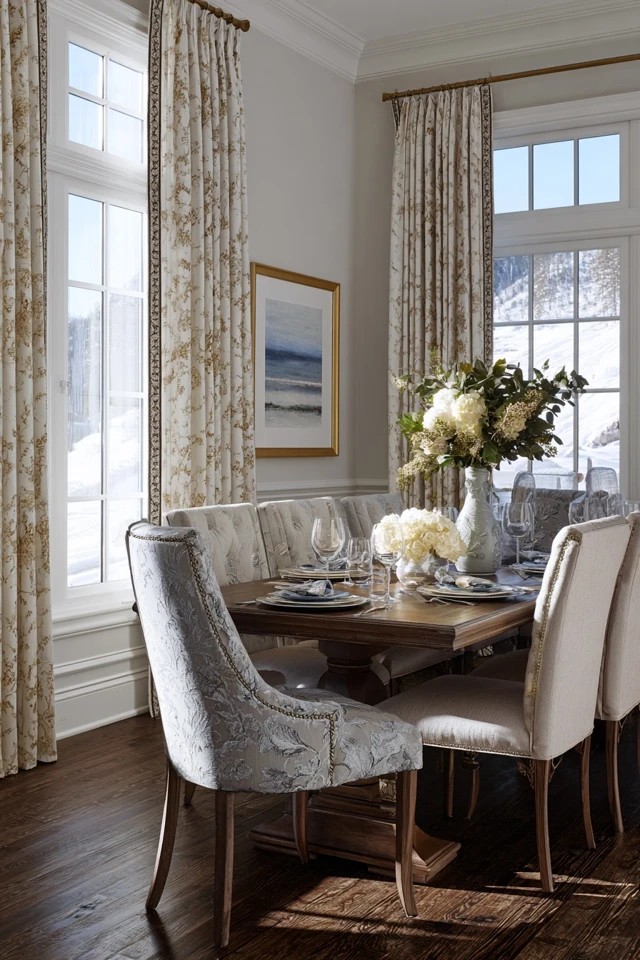 Floor-length panels with 6-12 inch puddle