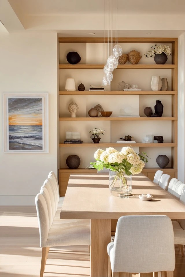 Floor-to-ceiling shelving with dishes and decorative objects