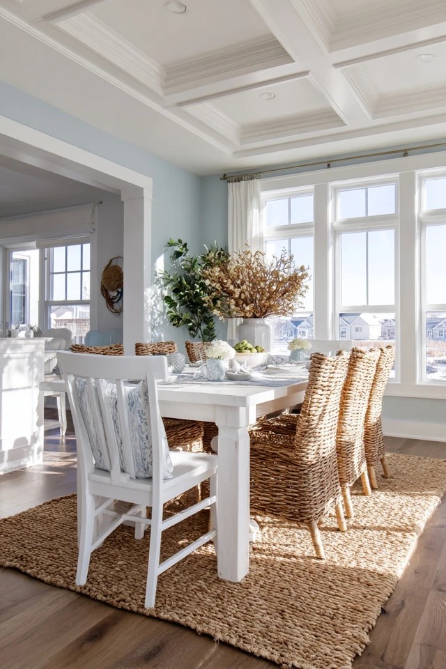 Floor painted in pale blue or seafoam