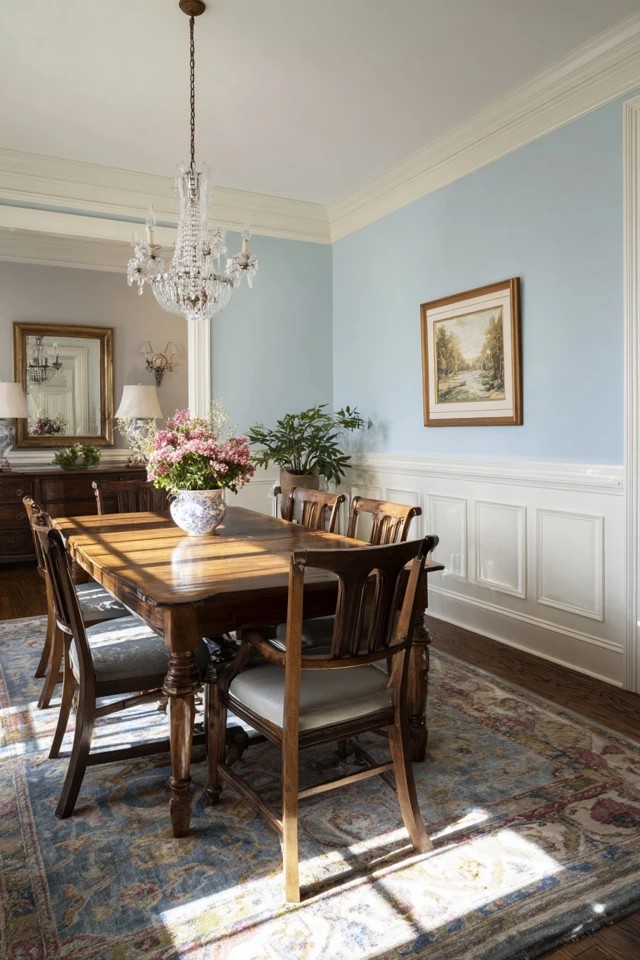 Collection of framed art arranged on painted wall