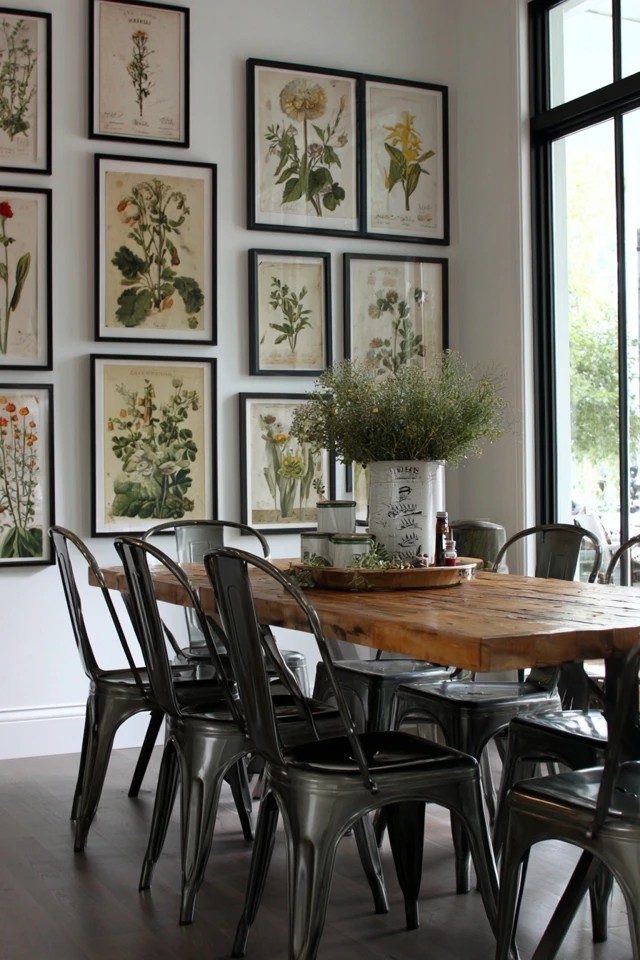 Antique brass or wood cart near contemporary table and chairs