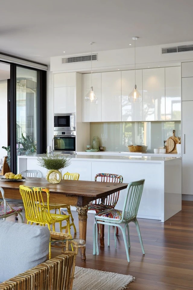 Industrial kitchen with dining on area rug creating division