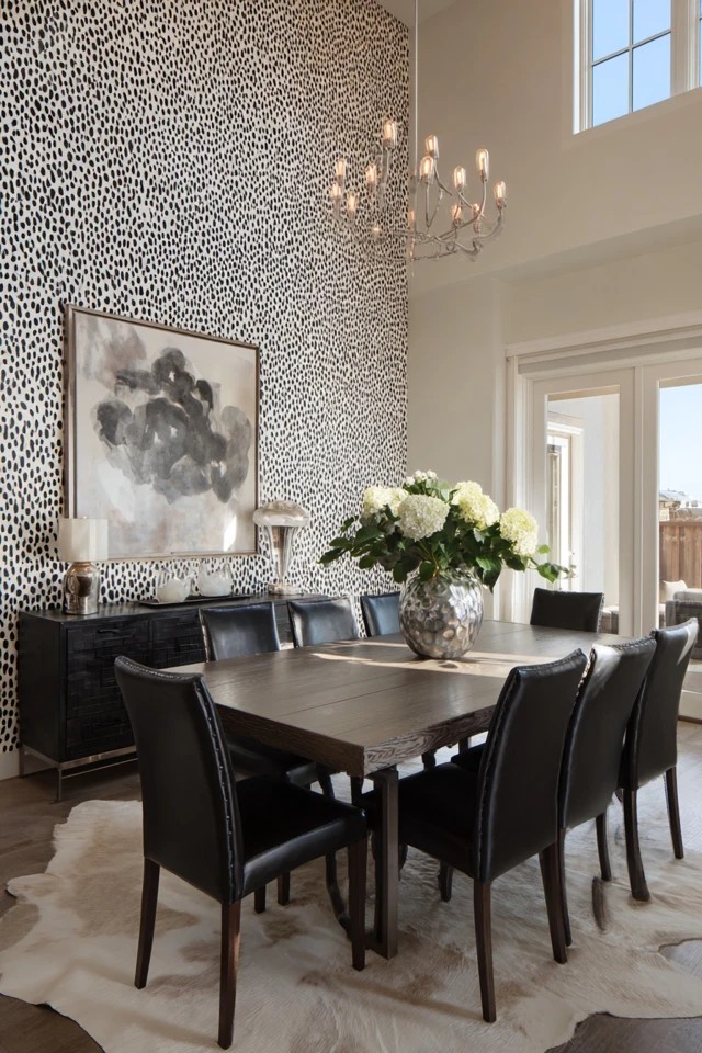 Dramatic wallpaper with large-scale pattern on focal wall