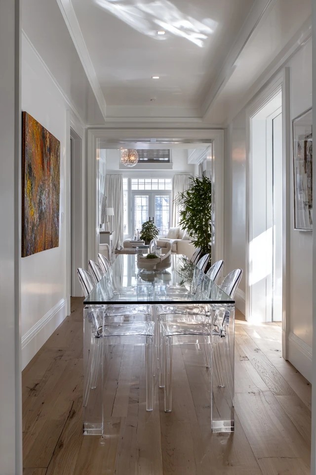 Hinged table mounted to wall folding up when unused