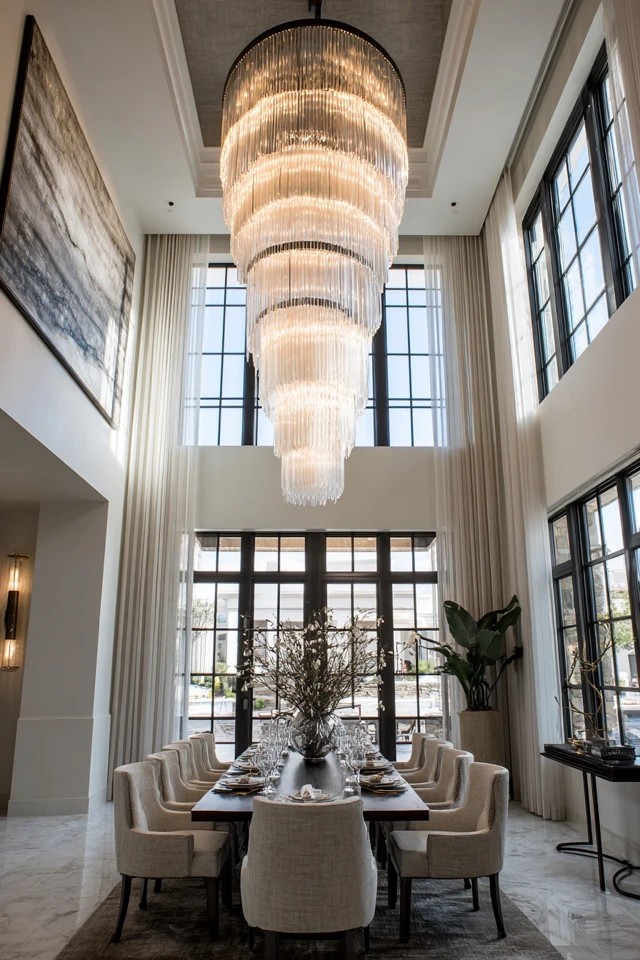 Oversized chandelier with multiple tiers suspended above table