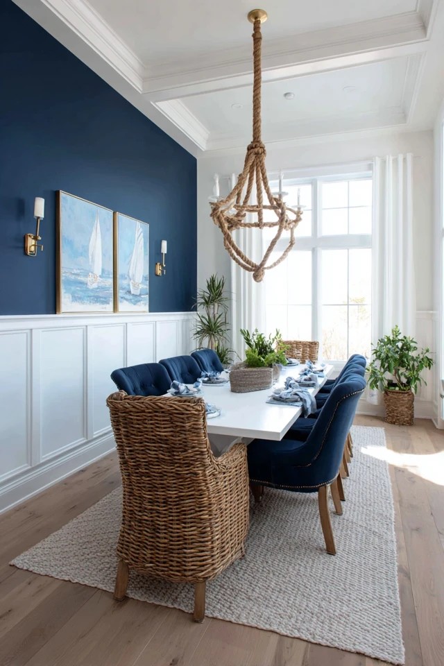 Navy blue accent wall with white wainscoting