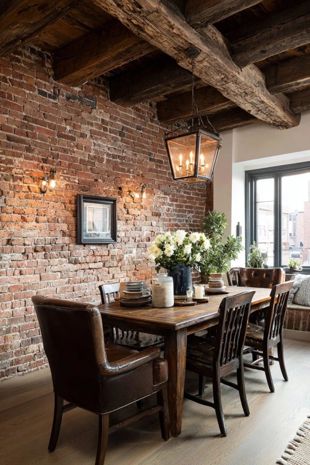 Unpainted brick in natural red-orange tones behind table
